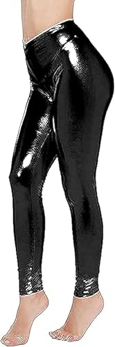 BOOM Prime Legging métallique Brillant Effet mouillé pour Femme - Pantalon Extensible à Taille Liquide (Noir, M/L)