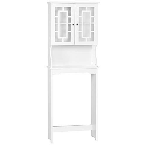 LIFEZEAL Scaffale sopra WC con un Armadio con 2 Ante in Vetro e Ripiano Aperto, Mobile su WC in Design Antidumping, Organizer Bagno Salvaspazio in Legno, 57 x 20 x 170,5 cm, Bianco