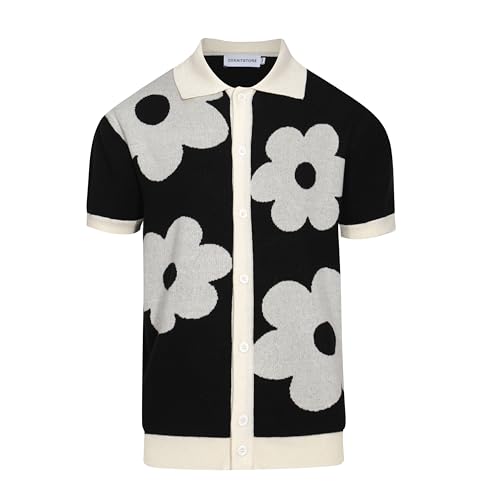 OXKNIT Mens Casual 60s Retro White Flower Knitted Short Sleeve Vintage Button Down Golf Polo