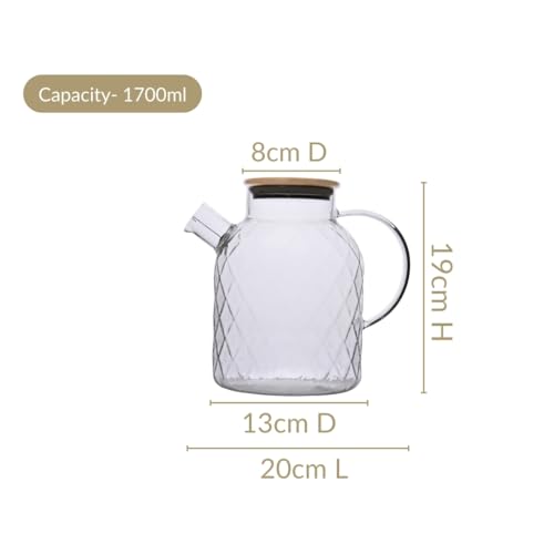 Image of Nestasia Transparent Glass Jug with Bamboo Lid (1700 ml) - Diamond Textured Dishwasher Safe Carafe with Easy Pour Spout & Steel Strainer - Glass Pitcher for Water, Juice, Hot & Cold Beverages
