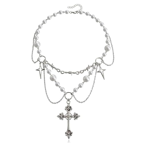 Vintage Pearl Cross Necklace - Floral Gothic Layered Choker - Gift for Women & Teens