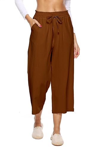 Image of LNX Womens Linen Capri Pants Wide Leg High Waisted Drawstring Casual Cropped Pants with Pockets