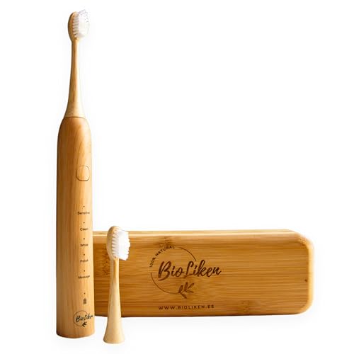 Cepillo de Dientes Eléctrico Sónico de Bambú con Mango Recargable, 2x Cabezales Biodegradables, Incluye Estuche de Viaje de Bambú