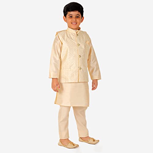 Image of Pro-Ethic Style Developer Kurta Pajama For Kids Boys With Waistcoat | Silk | Floral | Traditional Dress (S-200)