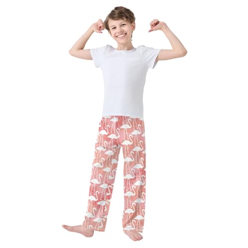 Flamingo Tropical Leaves Boys Long Pants Soft Trousers Elastic Waist Kids Lounge Bottoms with Pockets S-XL2