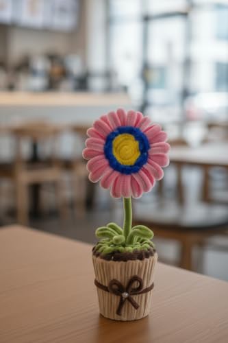 Image of Handmade Artificial Flower Pot for Home Decor | Cute Fuzzy Wire Pipe Cleaner Flower Plant | Aesthetic Tabletop Decorative Pot for Home, Office & Gifting (Soft Bloom :- DarkBlue-Pink)