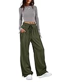 YESNO Corduroy Wide Leg Pants for Women Drawstring Elastic High Waist Slit Palazzo Casual Loose Trousers with Pockets S PC0 Army Green