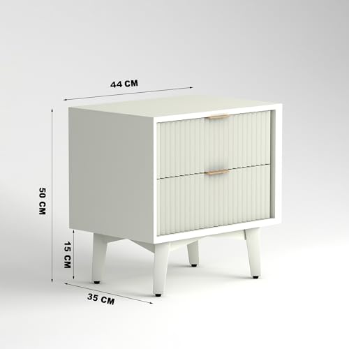 Image of CRAFT D ARTS Wooden Bedside Table for Bedroom | Wooden Bed Side Nightstand Lamp Table with 2 Drawers for Home & Hotels | Side Table for Living Room | HDMR Premium Wood & Iron Legs | White