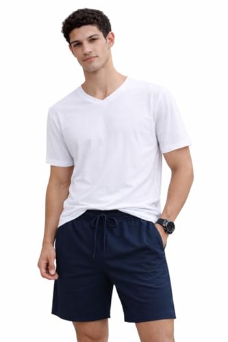 Image of Men's Solid Cotton Lounge Shorts | Premium Soft Breathable Casual Shorts with Elastic Drawstring Waist | Regular Fit Above Knee for Home, Gym & Travel