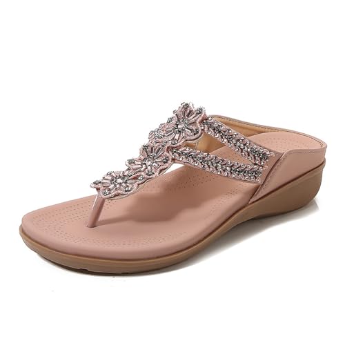 Women Clip Toe Sandals Comfortable Elastic Strap Rhinestone Beaded Bohemia Shoes Crystal Slip On Beach Sandals Flip Flop Sandals