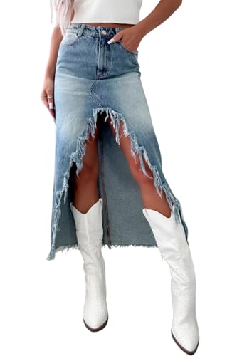 yoeasy Womens Casual Slit Denim Midi Jean Skirt High Waist Frayed Distressed Button A-Line Long Jean Skirt - Main Image