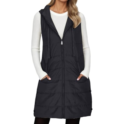 JiXiang Long Vest for Women Sleeveless Winter Warm Quilted Zipper Puffer Vest with Hood Padded Down Coat Jackets Outerwear2