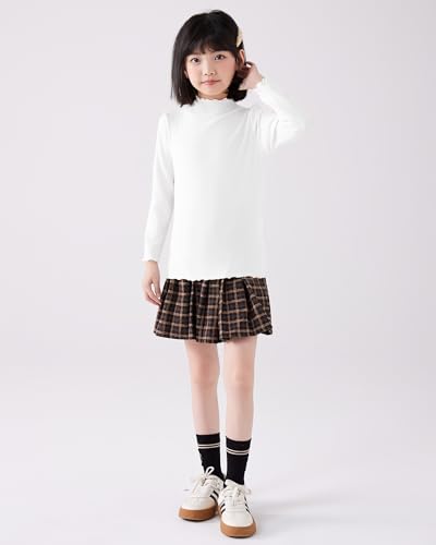 Image of ACESTAR Girls Solid Lettuce Trim Mock Neck Shirt Long Sleeve Slim Fit Ribbed Knit Tee Ruffle Tops Soft Base Layer