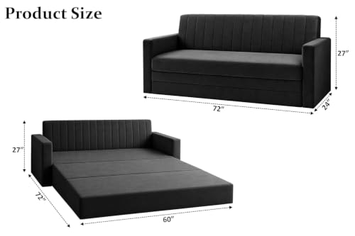 Image of Modern Velvet 3 Seater Sofa Cum Bed with Armrest, Convertible Sleeper Couch Sofa for Living Room, Bedroom & Office - Black Color