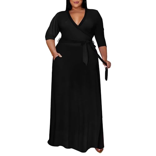 Runwind Plus Size Dress for Women - 3/4 Sleeve V Neck Maxi Dresses for Women （XL-6XL）
