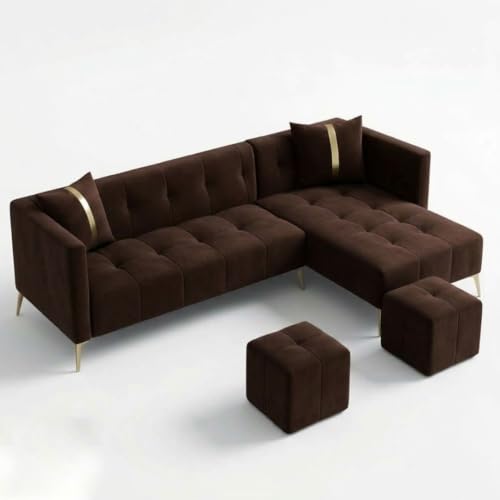 Image of Luxvivo 6 Seater Fabric RHS L Shape Sofa Set with 2 Puffy Table| Soft Velvet Upholstery, Sturdy Wooden Frame | Stylish Sofa for Living Room, Hall & Office Spaces (Dark Brown)