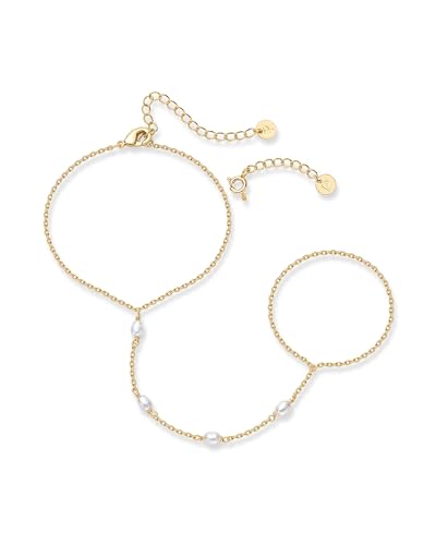 Image of PAVOI 14K Gold Plated Hand Chains for Women - Adjustable Hand Chain Bracelet and Ring - Trendy Gold Handchain Bracelet Stack Summer Jewelry - Beads, Pearl, and Cubic Zirconia Body Jewelry