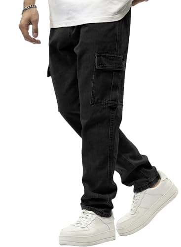 Image of JMIERR Men's Elastic Waist Cargo Jeans Stretch Denim Pants with Drawstring Relaxed Fit for Casual Daily Wear