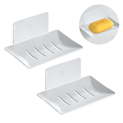 ZSMJAER Pack of 2 Self-Adhesive Soap Holders, Soap Holder without Drilling, Soap Dish with Drain, Suitable for Bathrooms, Kitchens, Counters, Showers (White)