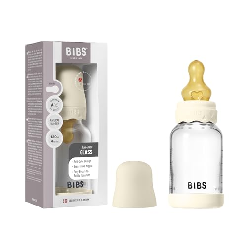 Image of BIBS Boheme Glass Baby Bottle, 120 ml, 1-Pack, Natural Rubber Nipple, Ivory
