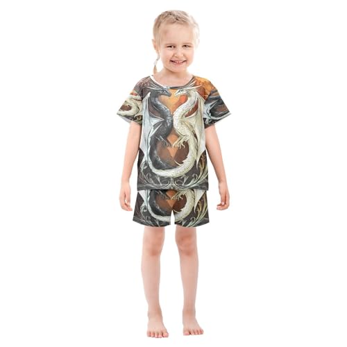 ALAZA Black White Dragon Pajamas Set Short Sleeve Cotton Sleepwear Summer Pjs 2 Piece 5-14Y3