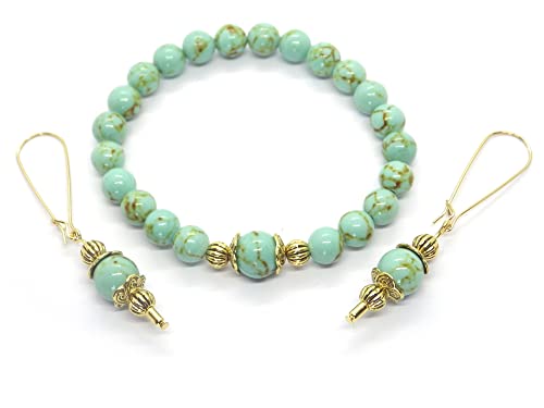 Parure bracelet boucles d'oreille turquoise bleue éclat doré pour sublimer le teint