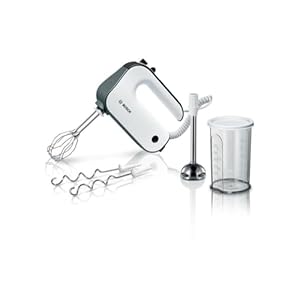 Bosch handmixer, MFQ49700, 850 Watt, twee innovatieve en efficiente gardes van RVS, inclusief mixervoet, maatbeker, 5 snelheden en turbofunctie, wit/donkerzilver