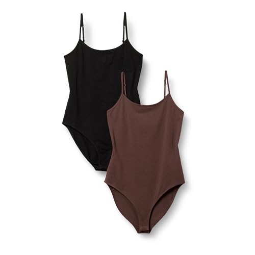 Amazon Essentials Women's Slim-Fit Cami Bodysuit, Pack of 2, Black/Brown, Large