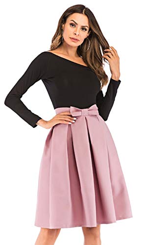 Saia feminina evasê plissada vintage cintura alta patinadora midi com gravata borboleta, rosa, Large