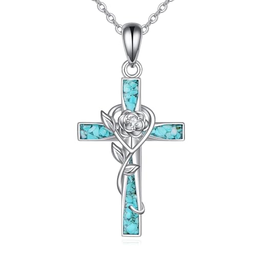 ONEFINITY Collar de cruz turquesa de plata de ley 925 con estetoscopio/notas musicales/colgante de rosa, joyería religiosa, regalo para mujeres y hombres, Plata esterlina