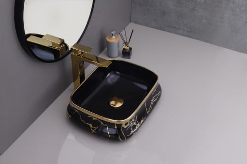 Image of HARDSTONE Black & Gold Ceramic Wash Basin Sink 18x13x5 Inches