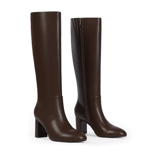 Knee High Boots Women Faux Leather Boots Chunky High Heel Round Toe Side Zipper Fall Long Tall Boots for Women