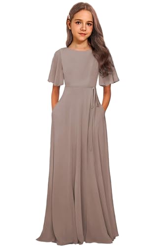 Chiffon Junior Bridesmaid Dresses for Wedding A-Line Short Sleeve Flower Girl Dress with Pockets Party Pageant Gowns