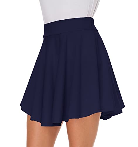 Afibi Girls Casual Mini Stretch Waist Flared Plain Pleated Skater Skirt (Small, Navy Blue) #TOP4