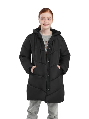 SOLOCOTE Mädchen Wintermantel wasserabweisend mit Kunstfell-Futter schwerer Kapuzen-Pufferjacke für Kinder Schwarz 152
