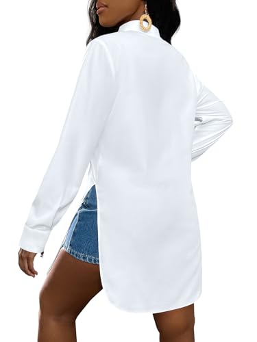 LYANER Women's Collar V Neck Button Front Long Sleeve Slit Hem Long Shirt Blouse Top4