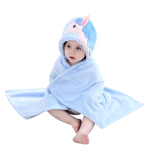Image of TONWHAR 0-4 Years Toddlers' And Kids' Boys Girls Animal Face Hooded Blanket Baby's Bathrobe,Plush After Bath Blanket (Blue Horse)