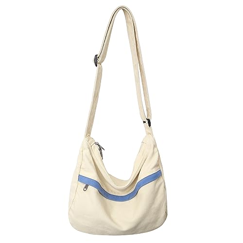 Image of Canvas Messenger Bag Large Hobo Crossbody Bag with Zipper Casual Shoulder Tote Handbag for Women and Men