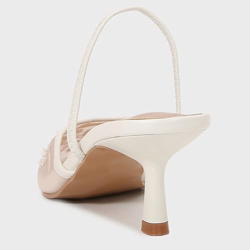 YIYA Women's White Embroidered Mesh Slingback Wedding Bridal Heels Closed Pointed Toe Stiletto Pearl Kitten Heels Party Dress Pumps Shoes4