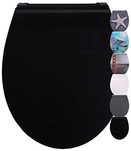 Sanilo Abattant WC avec frein de chute de résine thermodurcissable Plat Noir, design fascinant, détachable, fixation facile par en haut