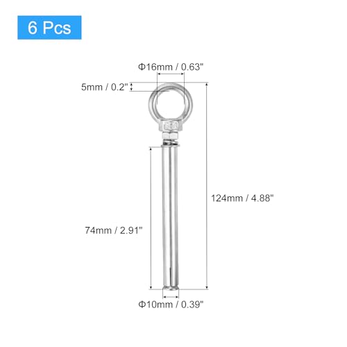 Image of uxcell Ring Lifting Expansion Eyebolt, 6pcs M6x100mm 304 Stainless Steel Expansion Screw with Eye Ring for Concrete Brick Wall
