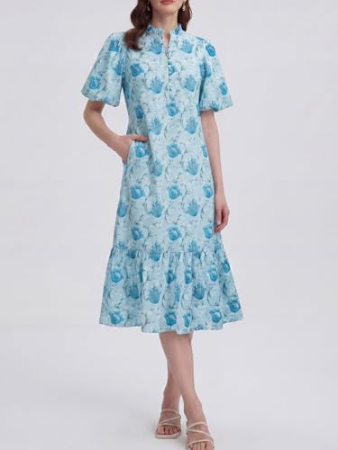 Image of Summer Floral Midi Dress for Women Spring Puff Short Sleeve Button Down Flowy Boho Dresses