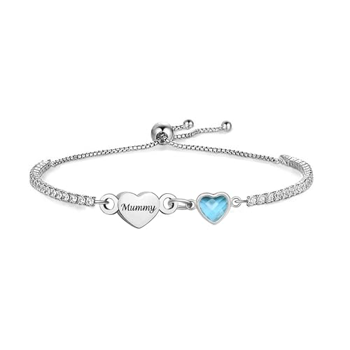 LUXYSODE Silver Bracelet for Women Heart Charm Dainty Adjustable Bracelet for Mummy or Mothers Day Jewellery Gifts (Mummy)
