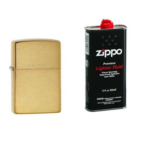 Combo of Zippo Classic Brushed Solid Brass Windproof Pocket Lighter and 12 oz. Premium Lighter Fluid