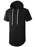 GIVON Men's Short Sleeve Pullover Hoodie Hipster Longline Hooded Shirt Lightweight Cotton Blend Casual Streetwear / DCF032-BLACK-L