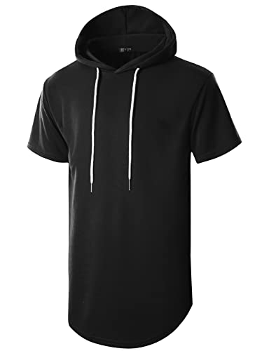 GIVON Men's Short Sleeve Pullover Hoodie Hipster Longline Hooded Shirt Lightweight Cotton Blend Casual Streetwear
