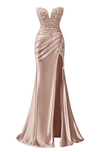 HPPEE Vestido de fiesta de sirena de lentejuelas brillantes con abertura, plisado, sin tirantes, vestido de noche formal con apliques de encaje, marrón, 56 Grande