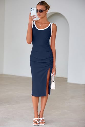 Image of IHOT Women's Sexy Side Slit Midi Dresses Sleeveless Ribbed Casual Ruched Bodycon Club Party Tank Dress