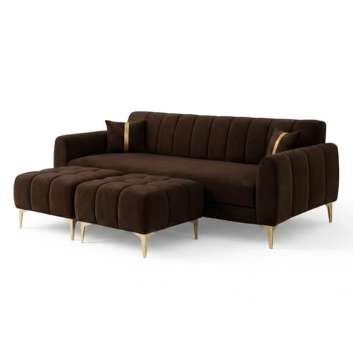 Image of Hermione 5 Seater L Shape Sofa Set with 2 Movable Ottoman | Flexible Left or Right Layout | Luxe Velvet Suede Fabric | Comfortable Seating | Modern Sofa for Living Room - Dark Brown