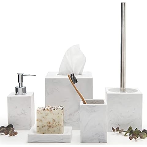 Kurrajong Farmhouse 5 Piece Bathroom Accessories Set | Faux Marble Bathroom Accessory Set | Faux Marble White Bathroom Set | Tissue Box, Toilet Brush, Soap Dish, Soap Dispenser, Toothbrush Holder Cover